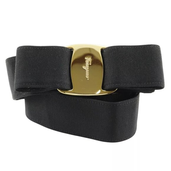 Salvatore Ferragamo Vala Ribbon belt 8046 Black / Gold Hardware canvas/Pla...